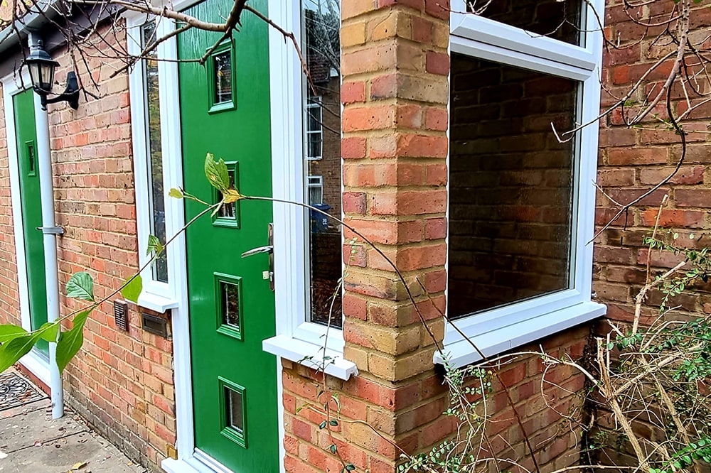 Green composite door with square windows installed in Windsor, Berkshire